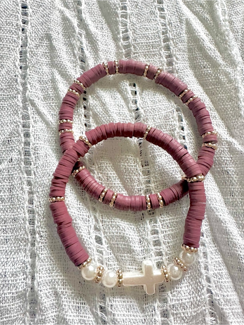 Handmade Brown Clay and Pearls with Cross Bead Stretch Bracelet Set